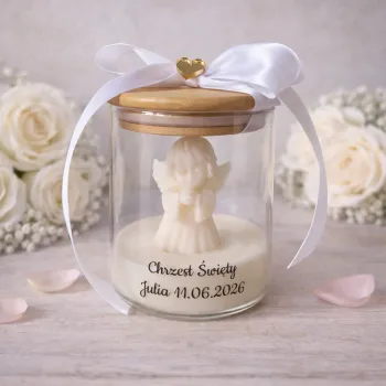 Świeca z aniołkiem w szkle – personalizowany prezent na Chrzest i Komunię prezent handmade